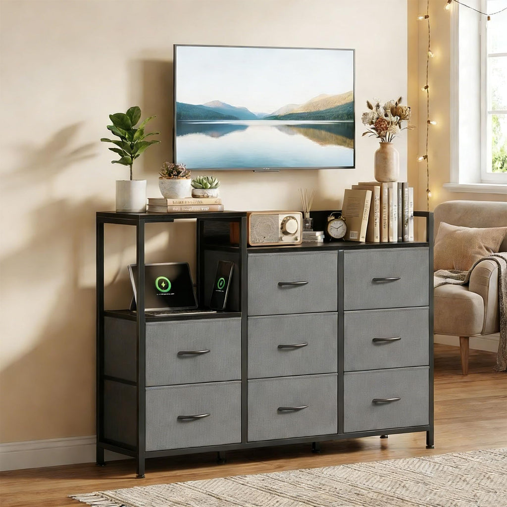 TV Stand with Charging Station, 8 Fabric Drawers Dresser Z444970
