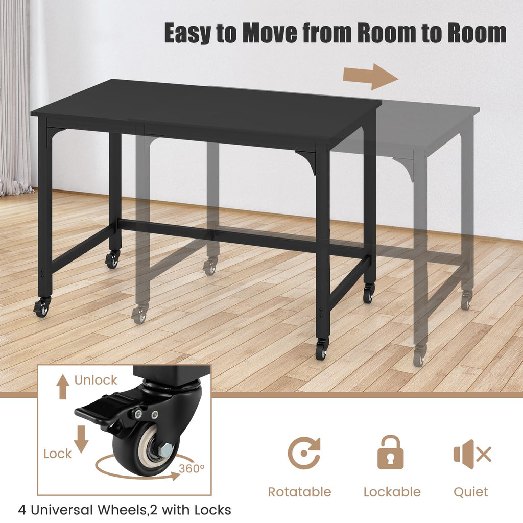 48” Mobile Computer Desk with 4 Lockable Wheels, Black Metal Frame T659771
