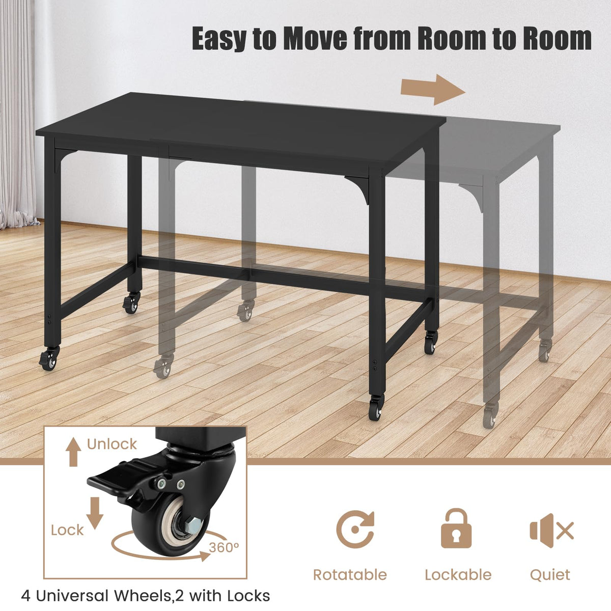 48” Mobile Computer Desk with 4 Lockable Wheels, Black Metal Frame T659771