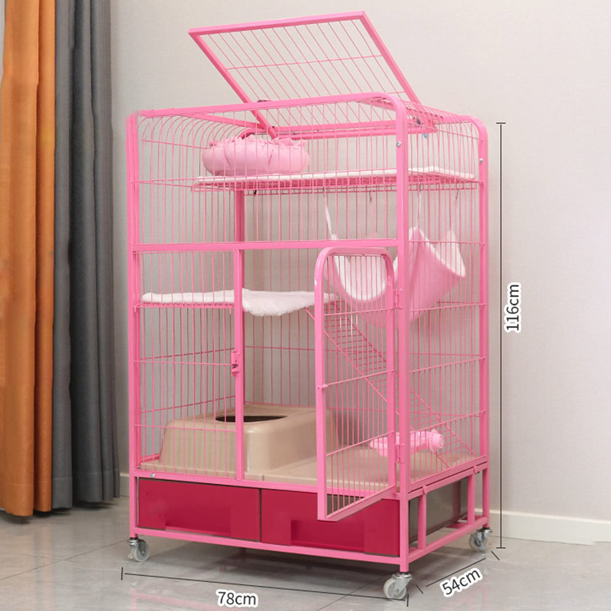 Pink Folding Metal Cat Cage Dog Crate with Four Wheels I859866