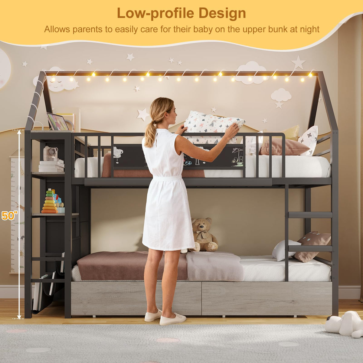 Twin Bunk Bed with Storage Bookshelf, 6 Drawers & USB I976179
