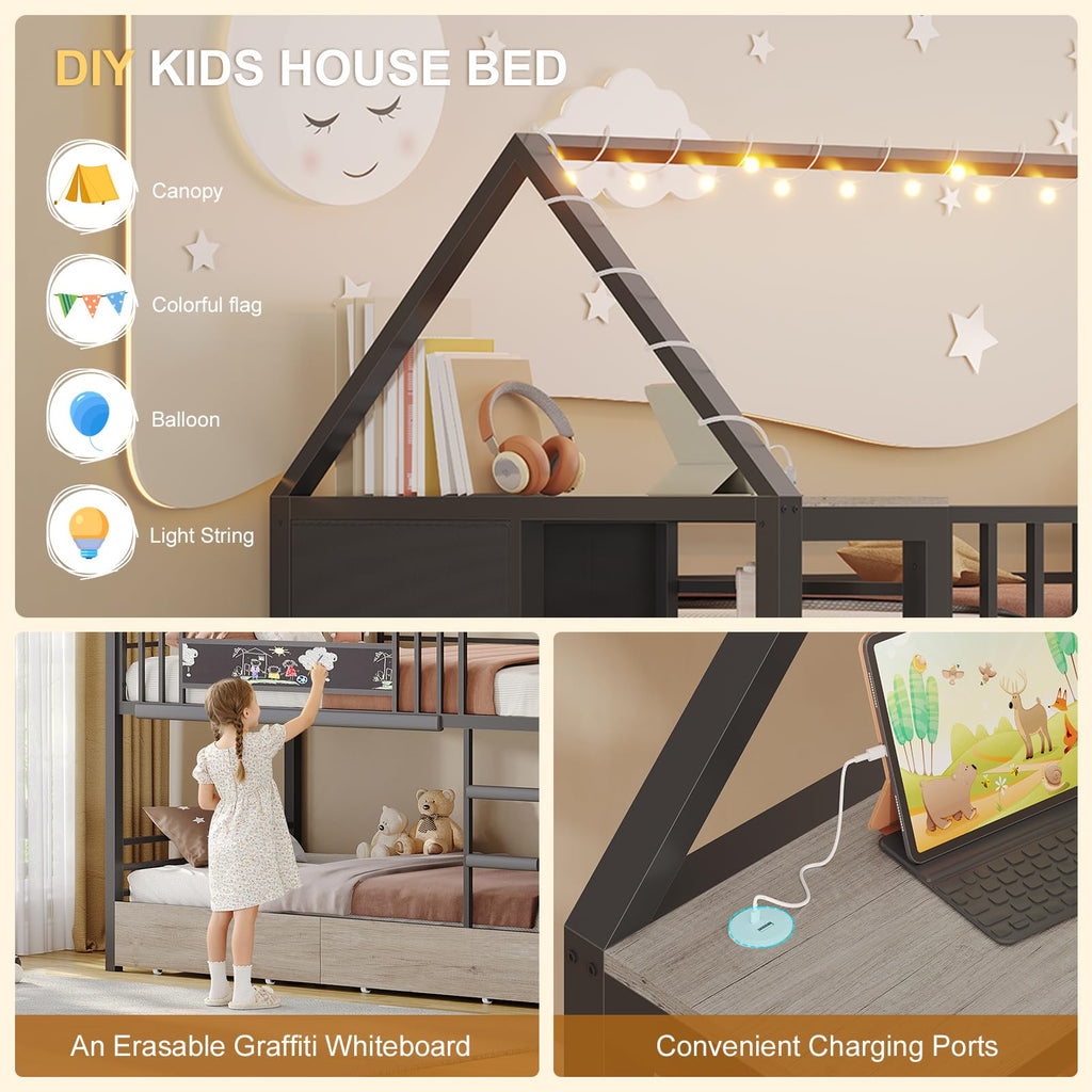 Twin Bunk Bed with Storage Bookshelf, 6 Drawers & USB I976179
