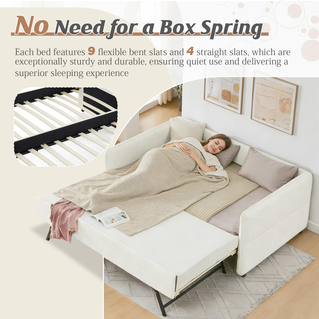 Twin Size Beige Boucle Upholstered Daybed with Trundle F326