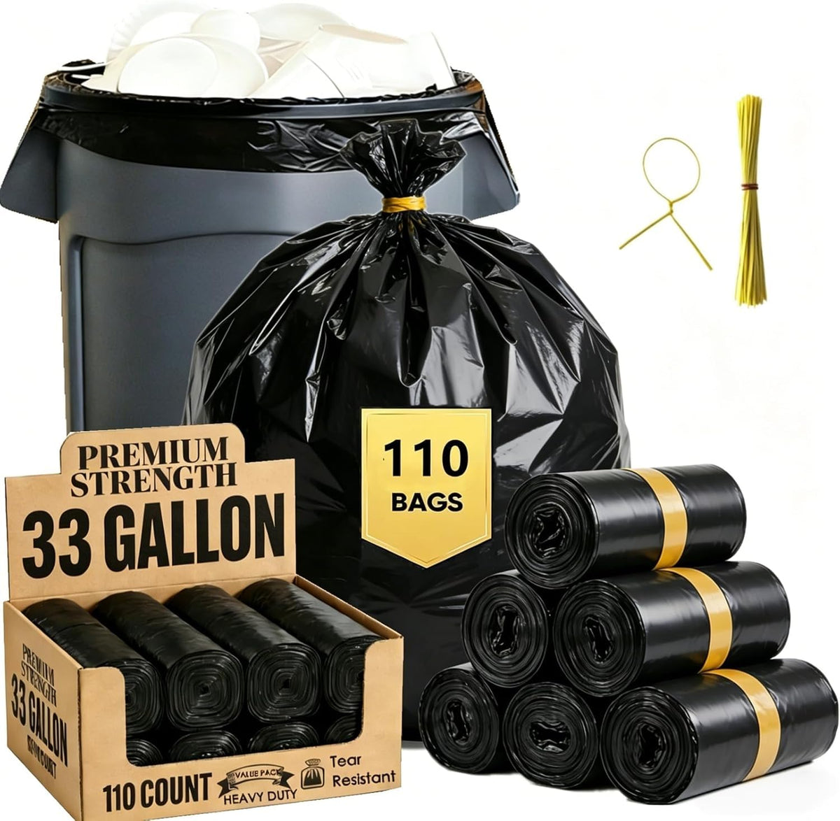 33 Gallon Heavy Duty Trash Bags 110 Count Black Can Liners T32270
