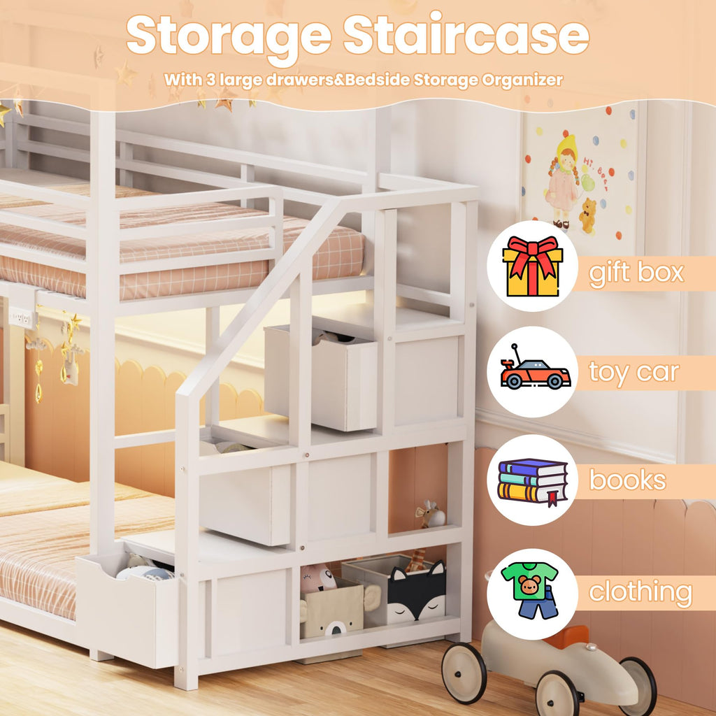 White Twin Over Twin Bunk Bed with Storage Stairs E992
