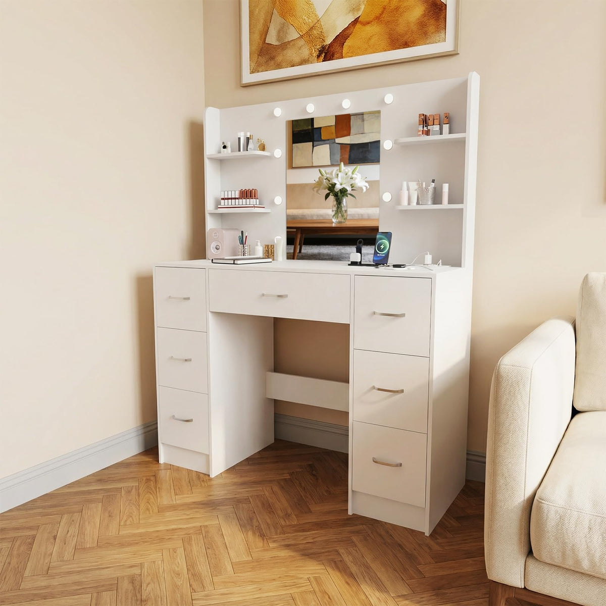 Large White Vanity Desk with LED Lighted Mirror & 7 Drawers C38892
