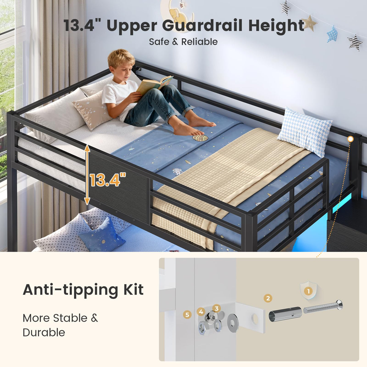 Twin Over Twin Bunk Bed with Trundle, Stairs, 6 Drawers, LED Lights P779251