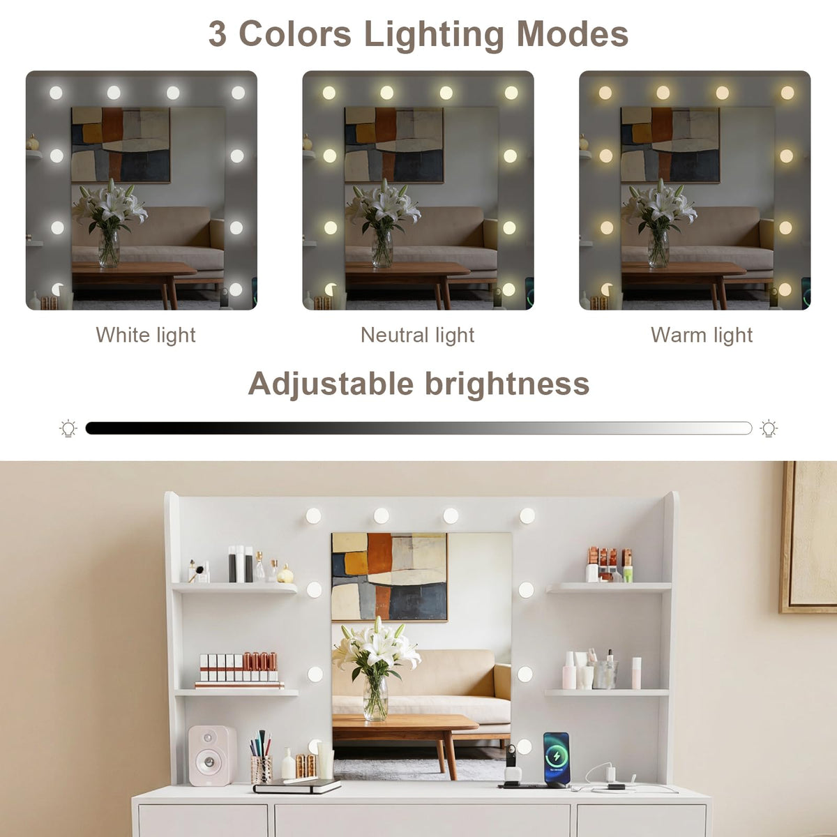 Large White Vanity Desk with LED Lighted Mirror & 7 Drawers C38892