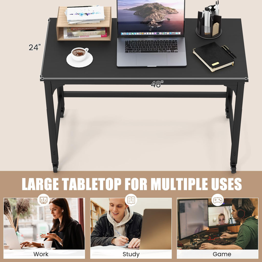 48” Mobile Computer Desk with 4 Lockable Wheels, Black Metal Frame T659771