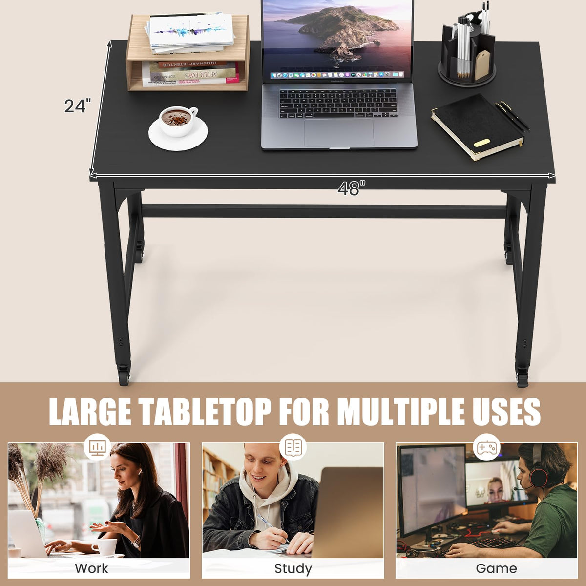 48” Mobile Computer Desk with 4 Lockable Wheels, Black Metal Frame T659771