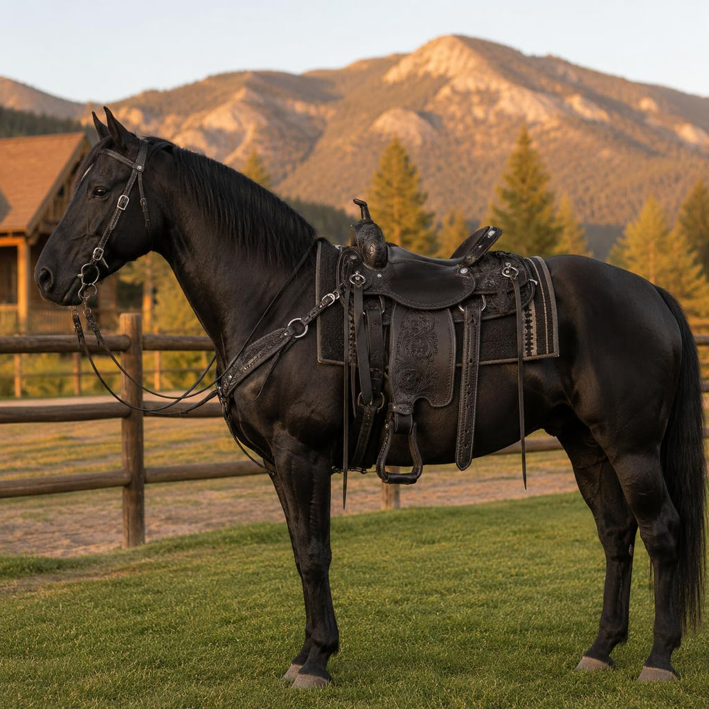 Black Floral Tooled Leather Western Saddles Combo Tack Set L6546