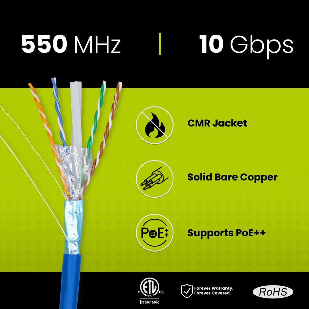 Cat6 Shielded Riser 1000ft Blue 23AWG Solid Bare Copper Ethernet Cable Z82599