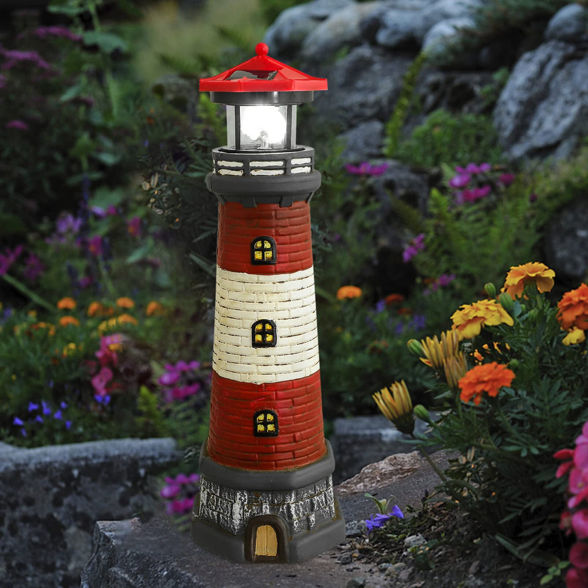Solar Rotating Lighthouse Outdoor Lantern Resin Street Light W4174