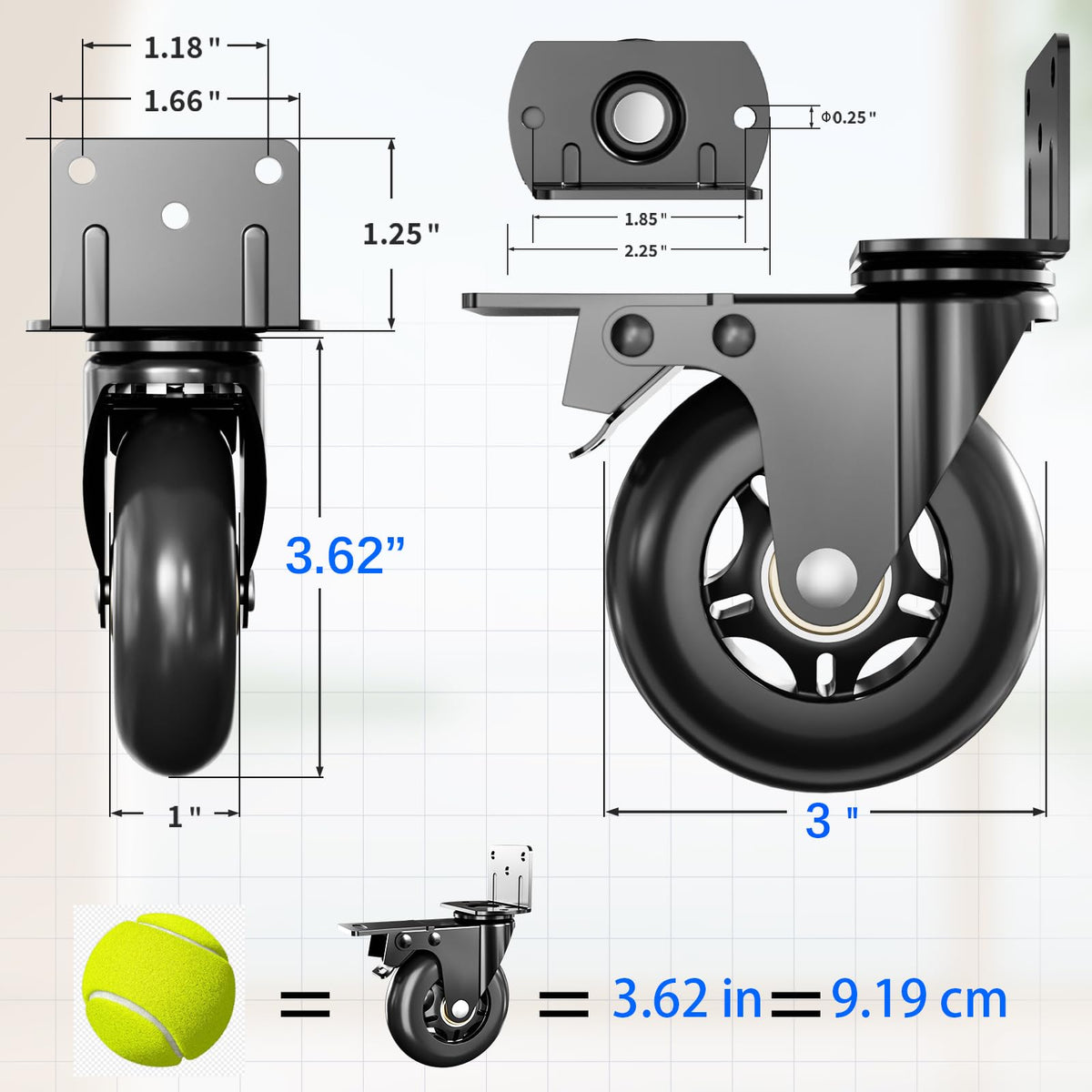 3 in Side Mount Plate Caster Wheels T5634