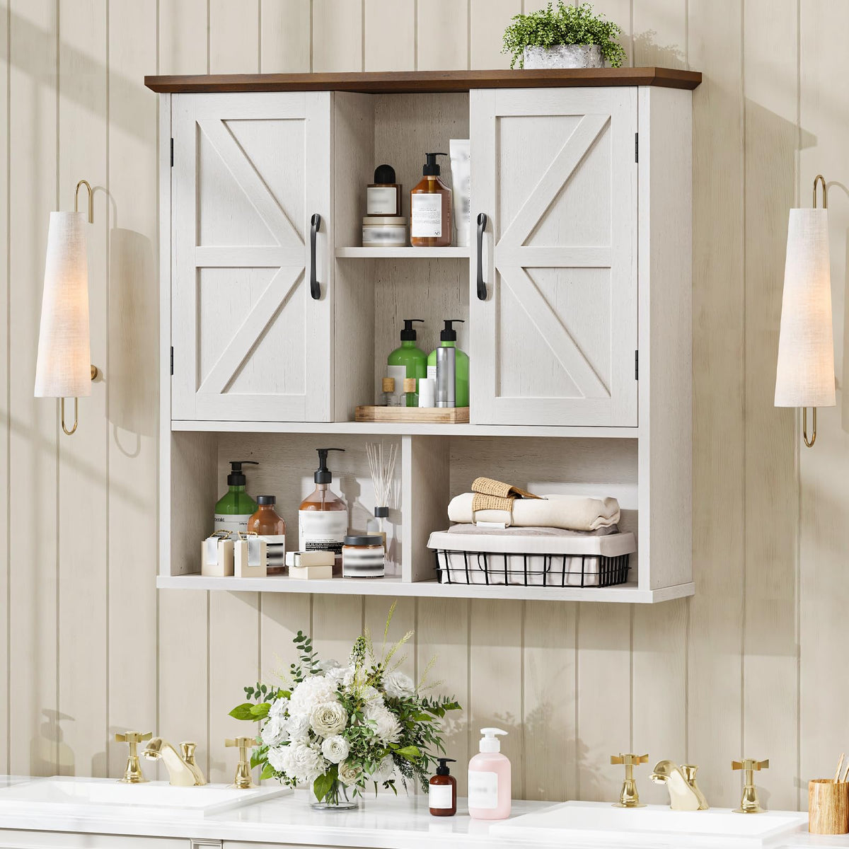 Rustic White Wooden Wall Cabinet with Adjustable Shelves Q4713