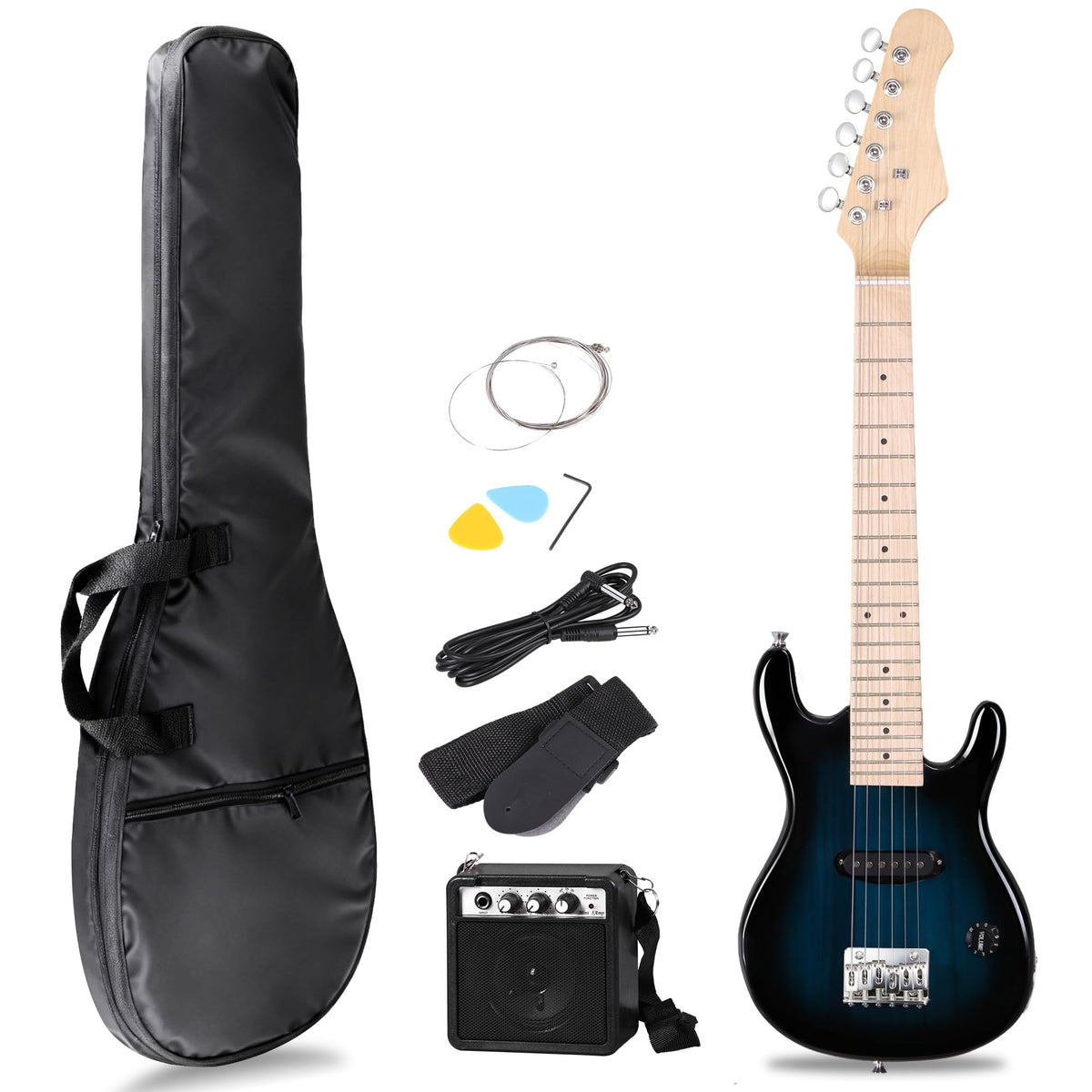 30 Inch Blue Solid Wood Electric Guitar Starter Kit with Amplifier F910