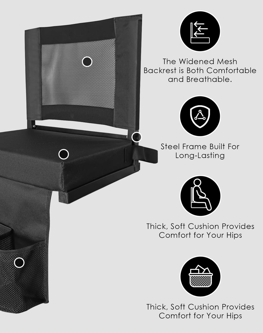 Portable Folding Bleacher Seats with Back Support and Cushion, Black P9427