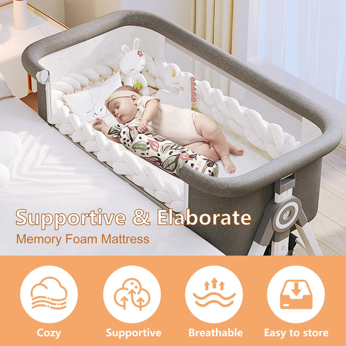 4 in 1 Baby Bassinet Bedside Sleeper with Wheels and Mattress V9524