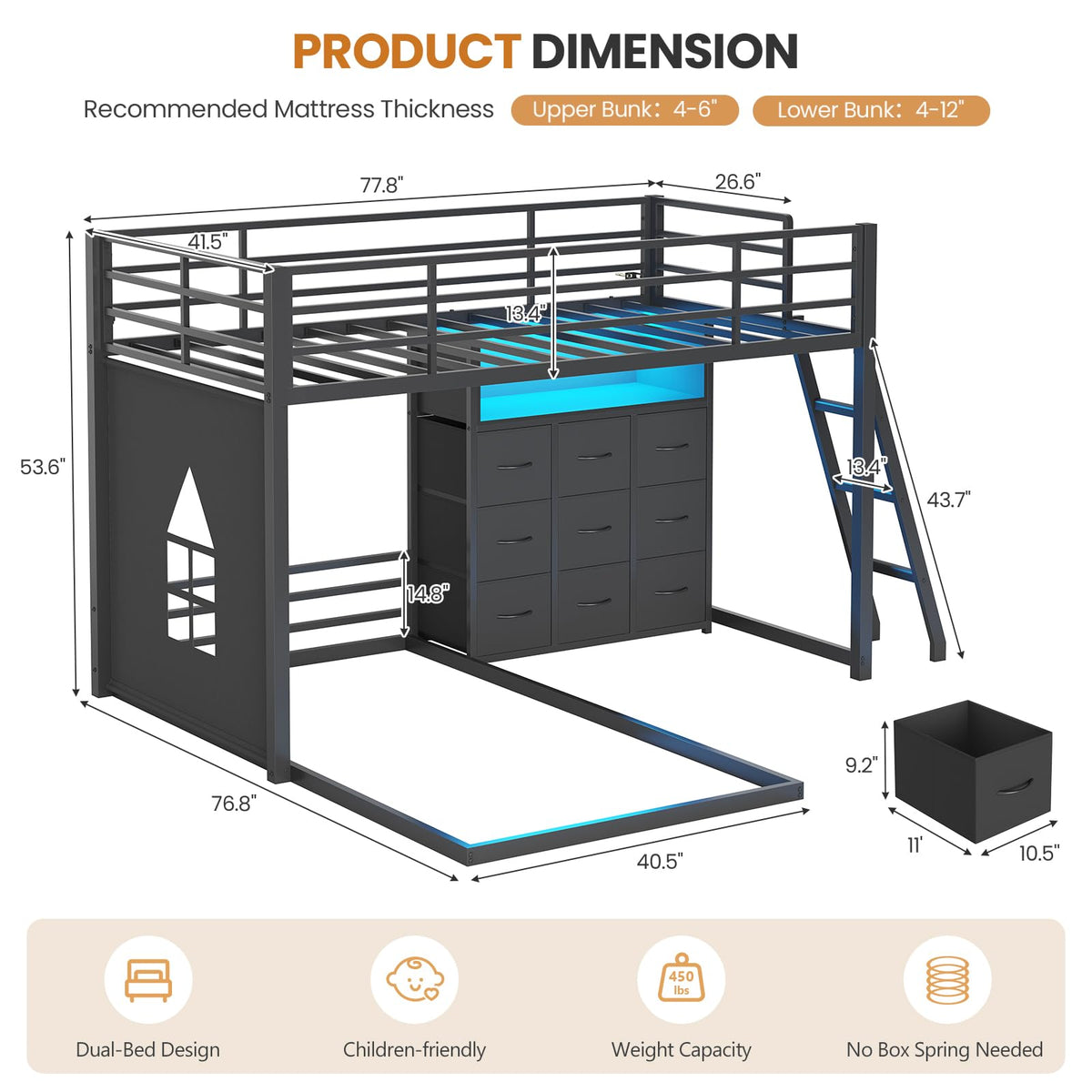 Twin Over Twin Bunk Bed with 9 Storage Drawers H700