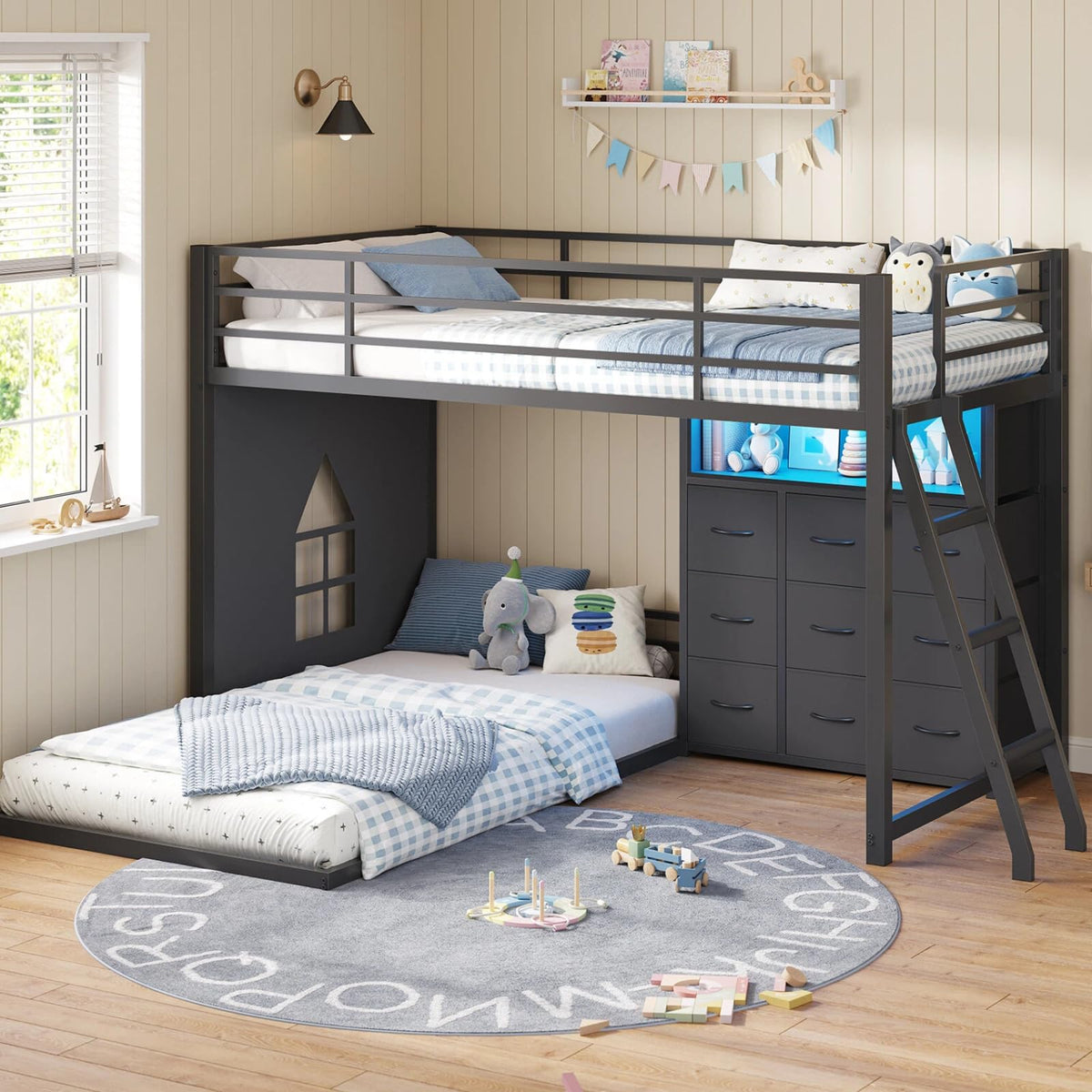 Twin Over Twin Bunk Bed with 9 Storage Drawers H700