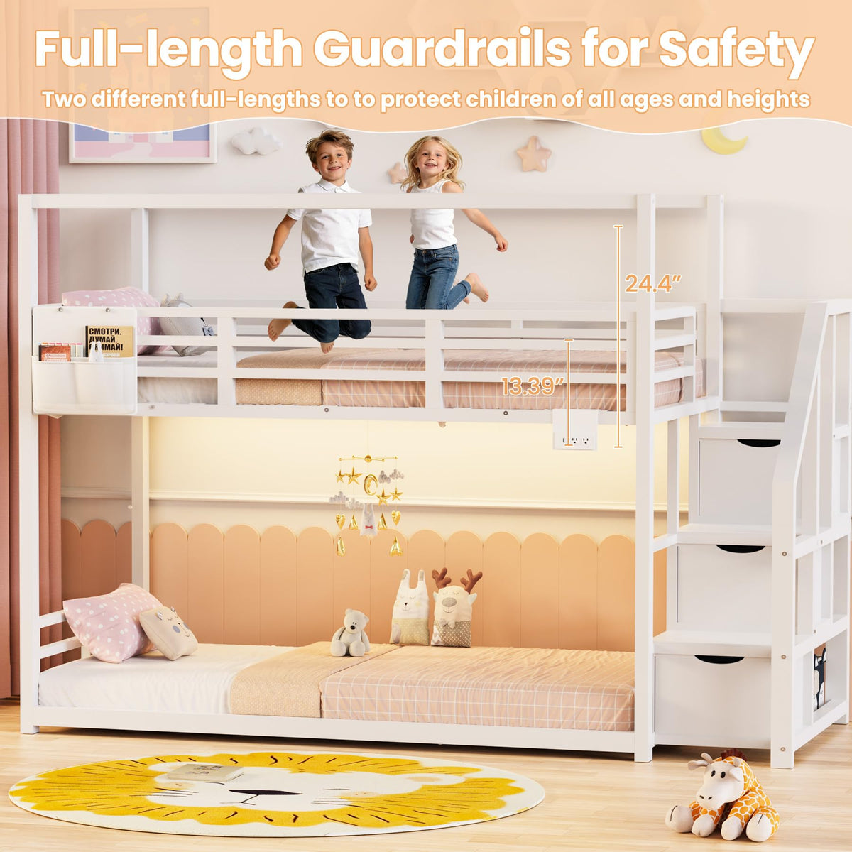 White Twin Over Twin Bunk Bed with Storage Stairs E992