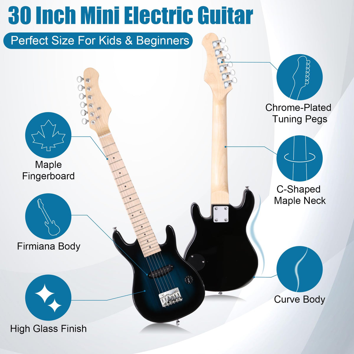 30 Inch Blue Solid Wood Electric Guitar Starter Kit with Amplifier F910