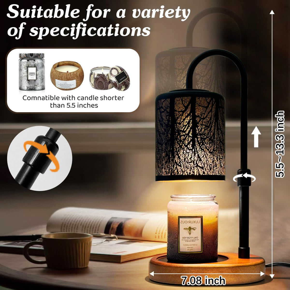 Black Adjustable Height Electric Candle Warmer with Timer and Dimmer E394504