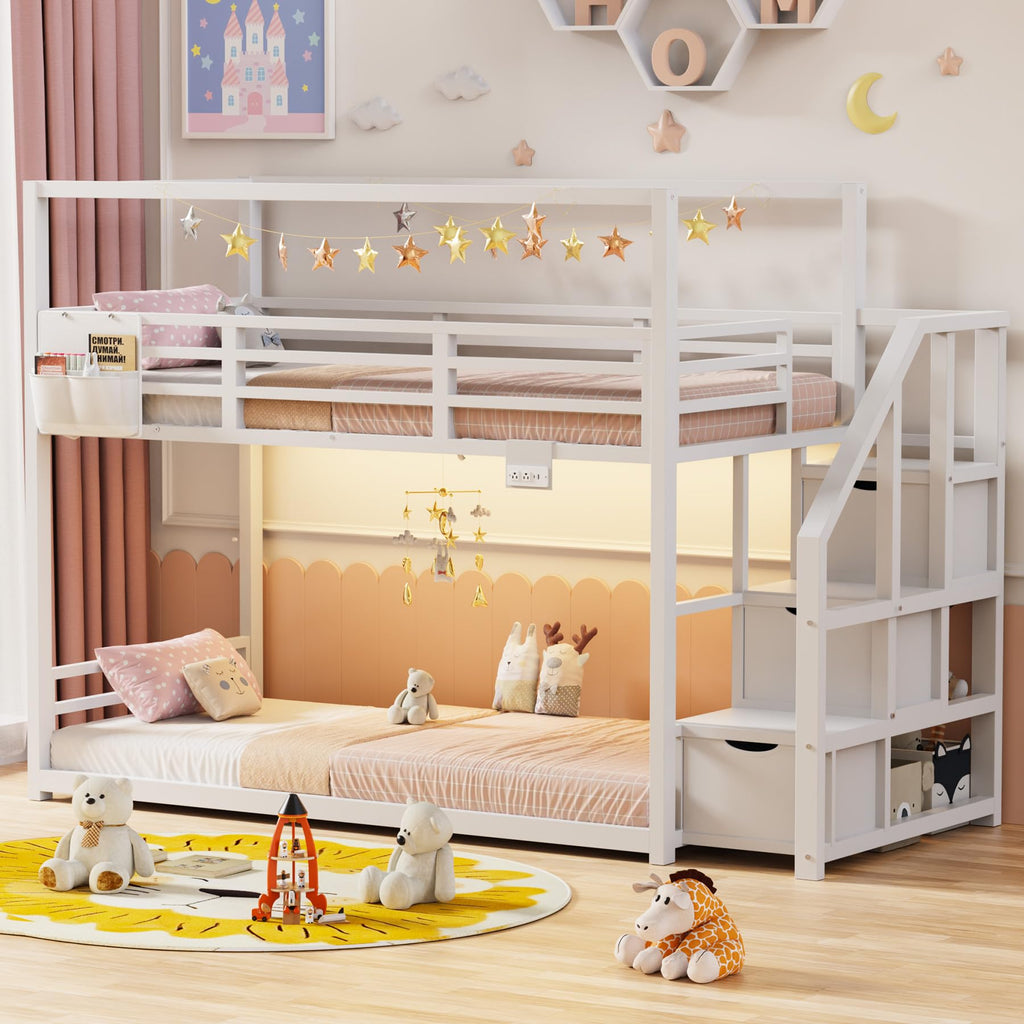 White Twin Over Twin Bunk Bed with Storage Stairs E992