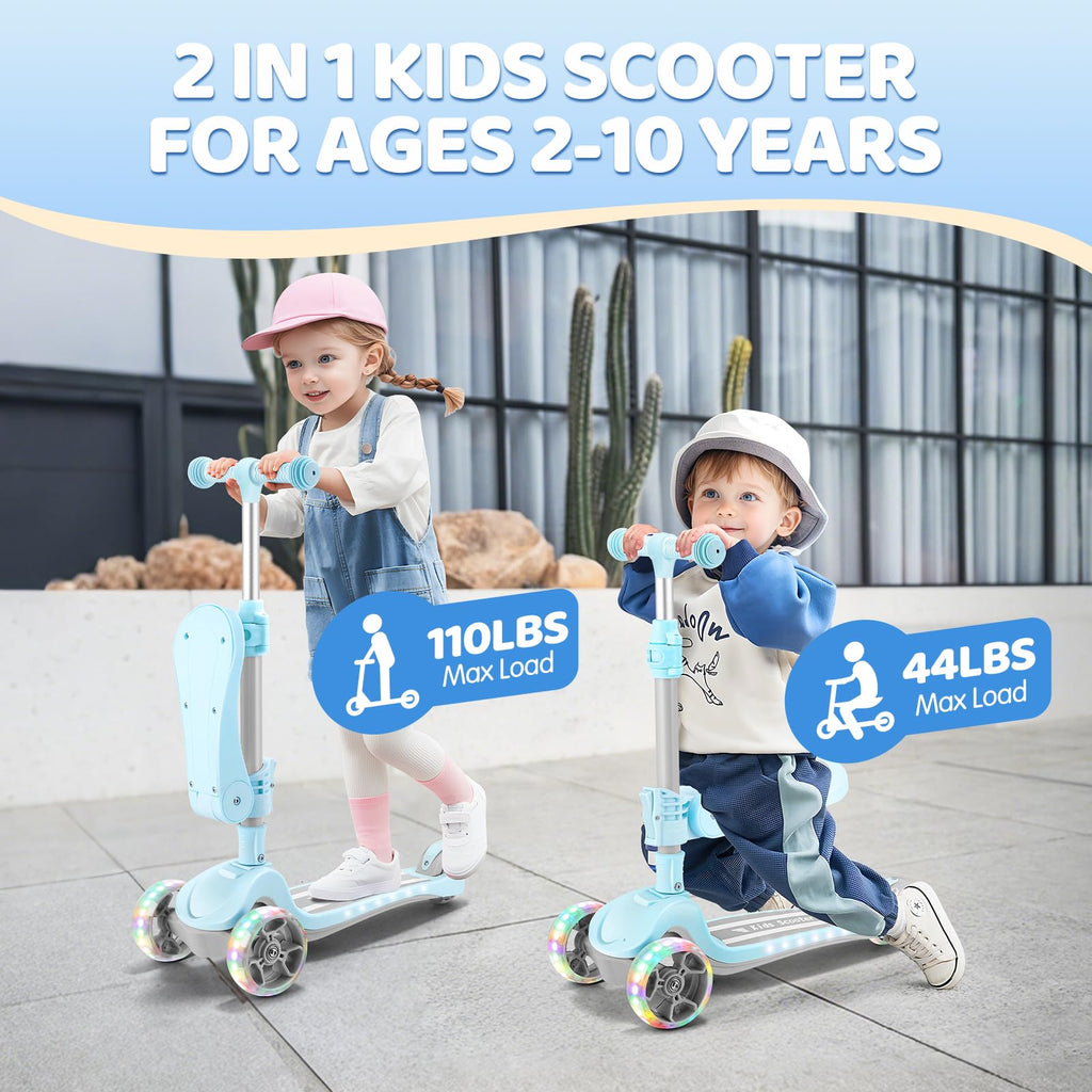 2 in 1 Kids Scooter with Seat, LED Light-Up Wheels, 4 Adjustable Heights C9896