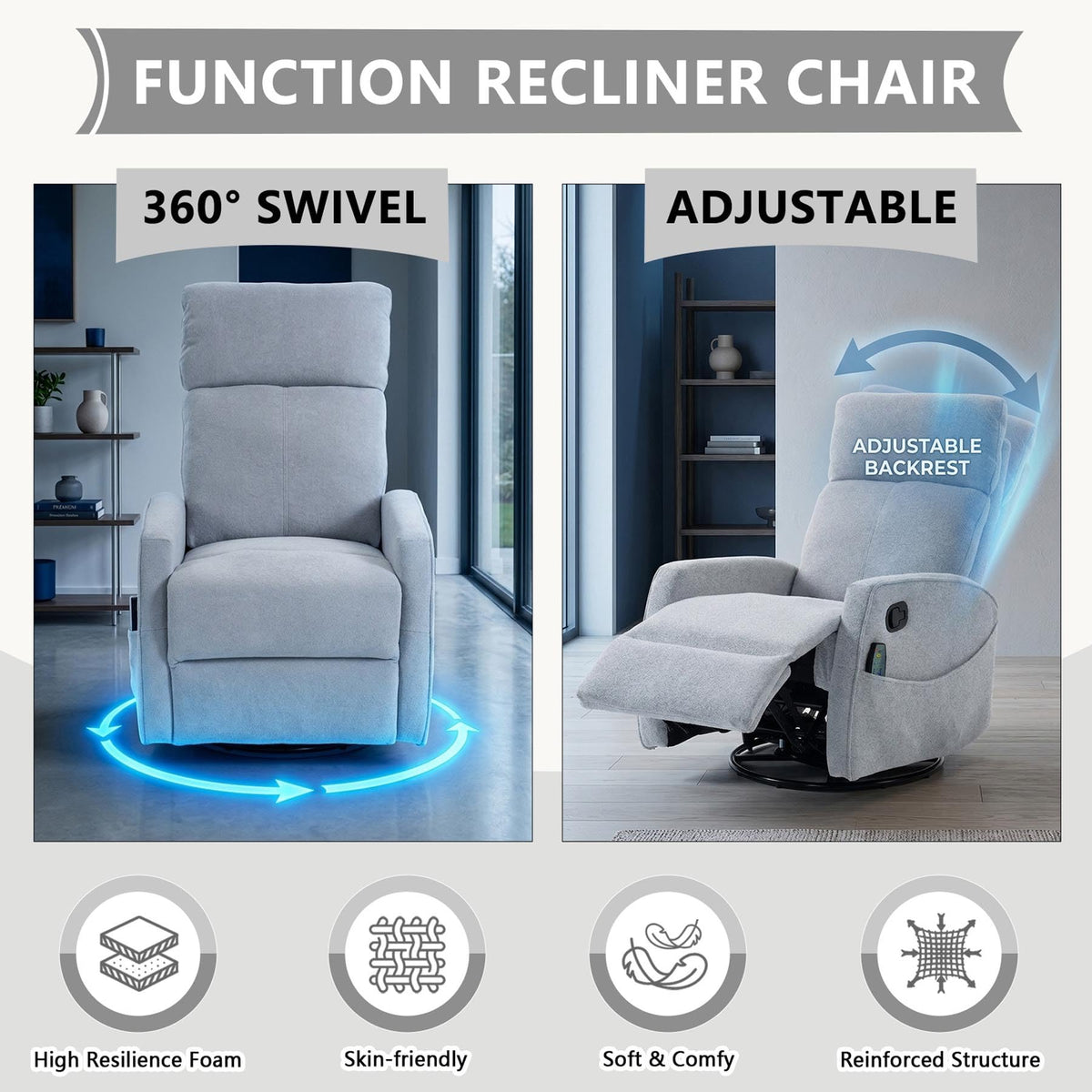 Gray Manual Swivel Glider Recliner with Massage X48365