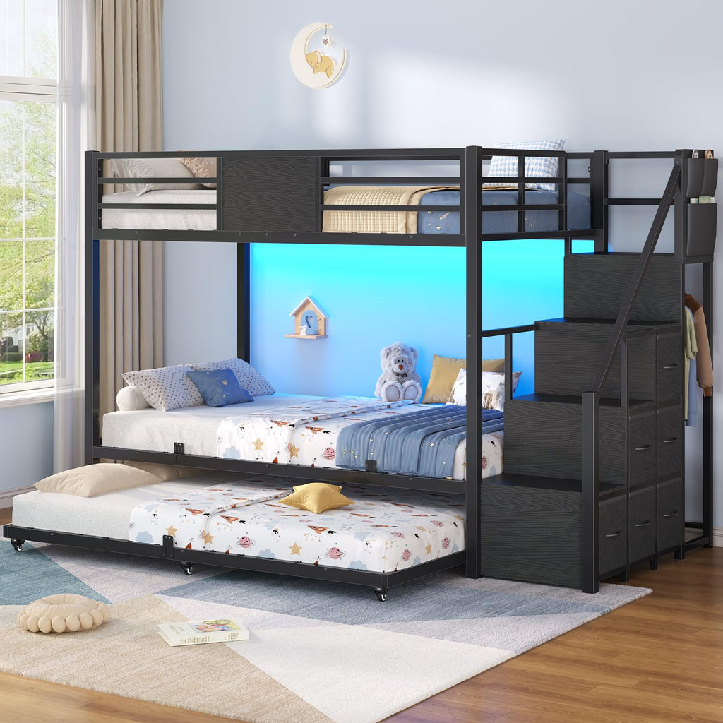 Twin Over Twin Bunk Bed with Trundle, Stairs, 6 Drawers, LED Lights P779251