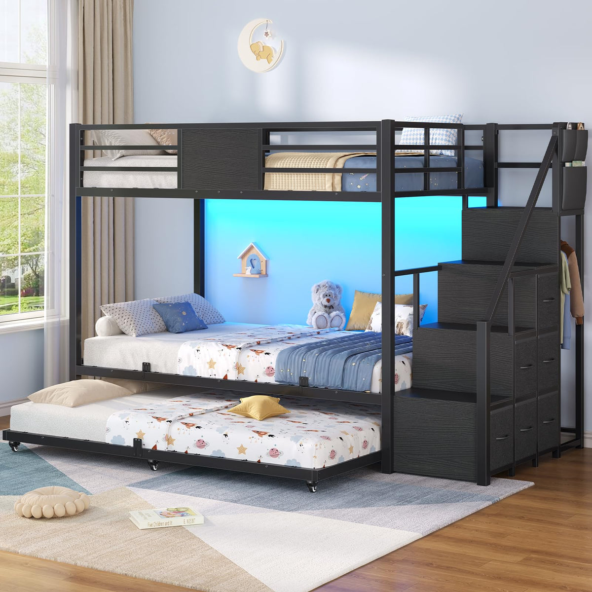 Twin Over Twin Bunk Bed with Trundle, Stairs, 6 Drawers, LED Lights P779251
