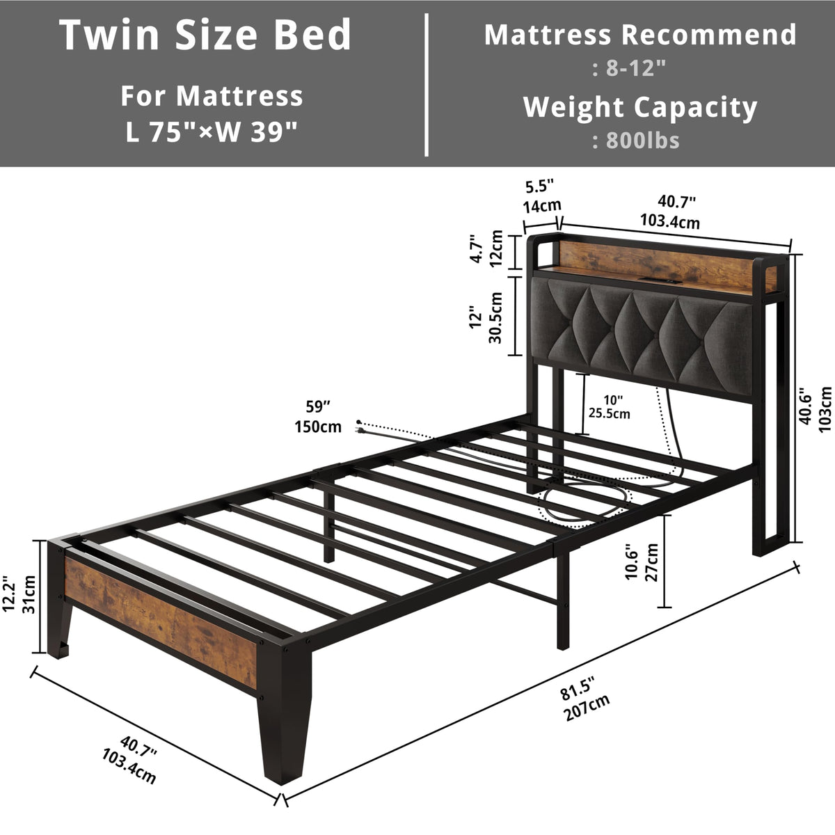 Twin Bed Frame with Storage Headboard Z577