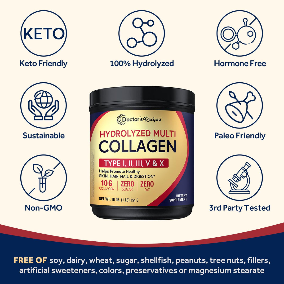 Multi Collagen Peptides Powder Type I II III V X 16oz G137995