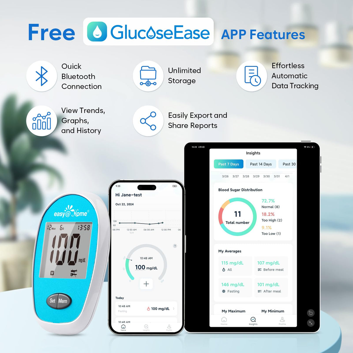 Wireless Glucose Monitor Kit, 100-Strip Blood Sugar Testing Kit Q874