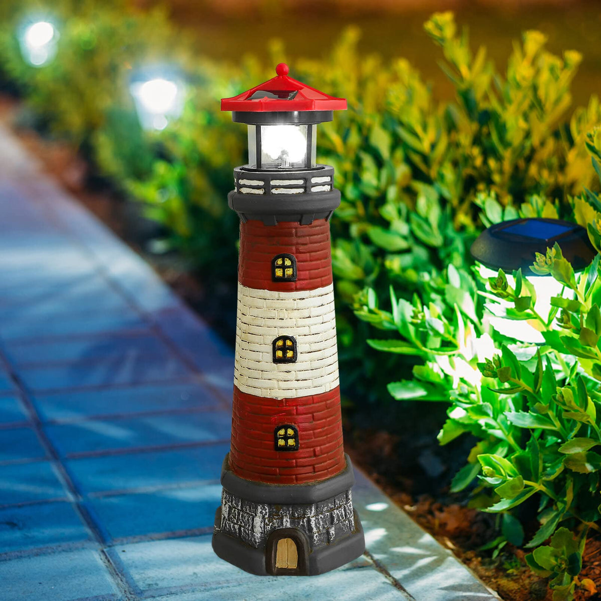 Solar Rotating Lighthouse Outdoor Lantern Resin Street Light W4174