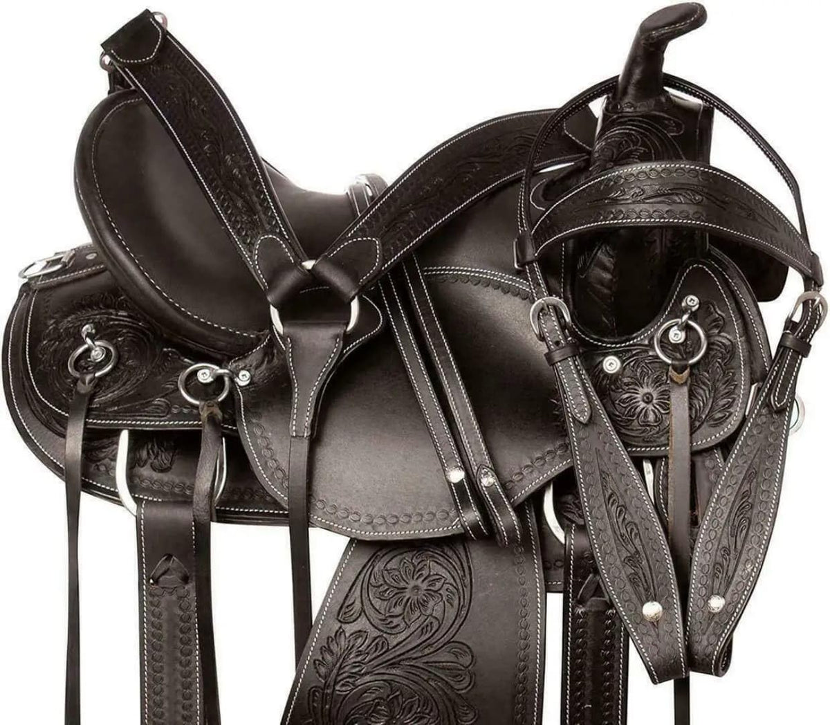 Black Floral Tooled Leather Western Saddles Combo Tack Set L6546