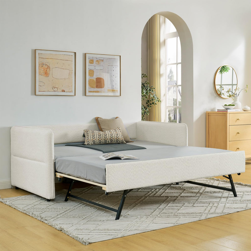 Twin Size Beige Boucle Upholstered Daybed with Trundle F326