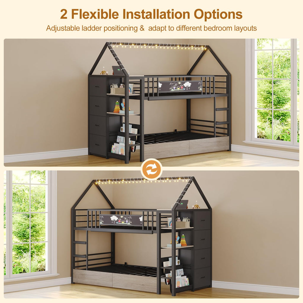 Twin Bunk Bed with Storage Bookshelf, 6 Drawers & USB I976179