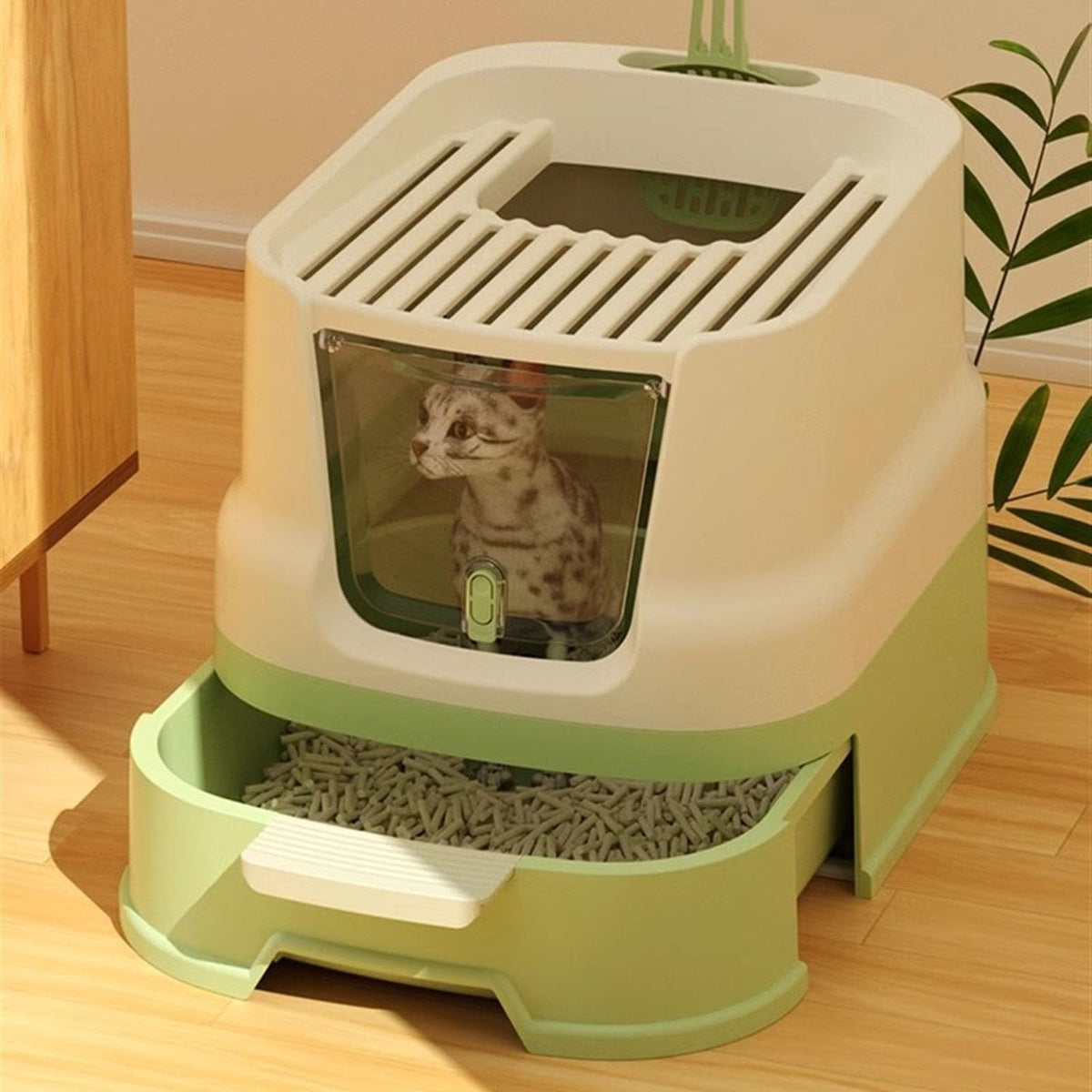 Enclosed Plastic Cat Litter Box with Lid and Scoop J83367