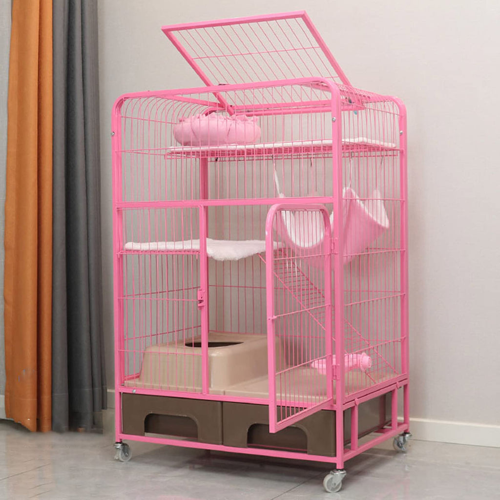 Pink Folding Metal Cat Cage Dog Crate with Four Wheels I859866