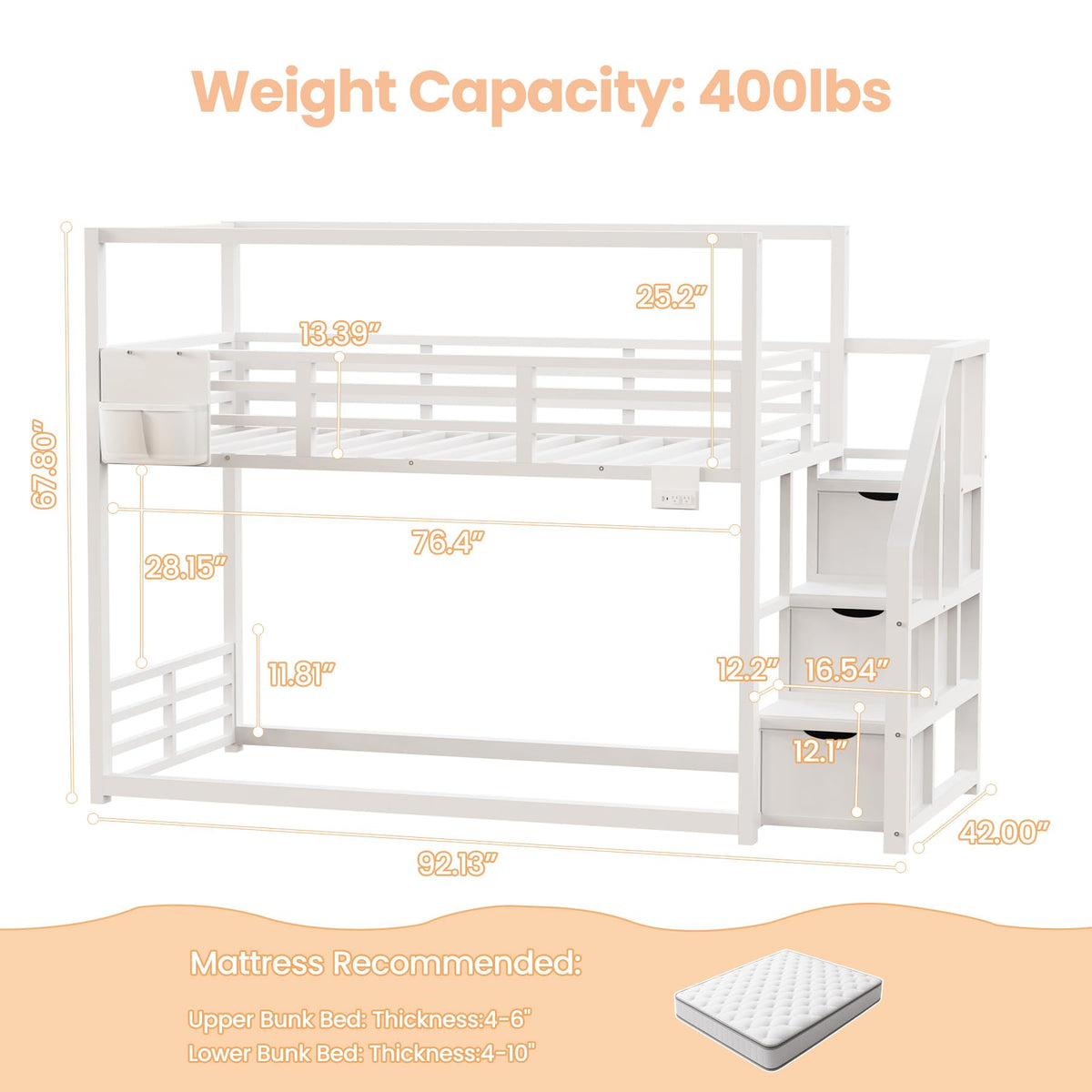 White Twin Over Twin Bunk Bed with Storage Stairs E992