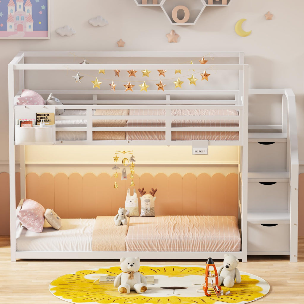 White Twin Over Twin Bunk Bed with Storage Stairs E992