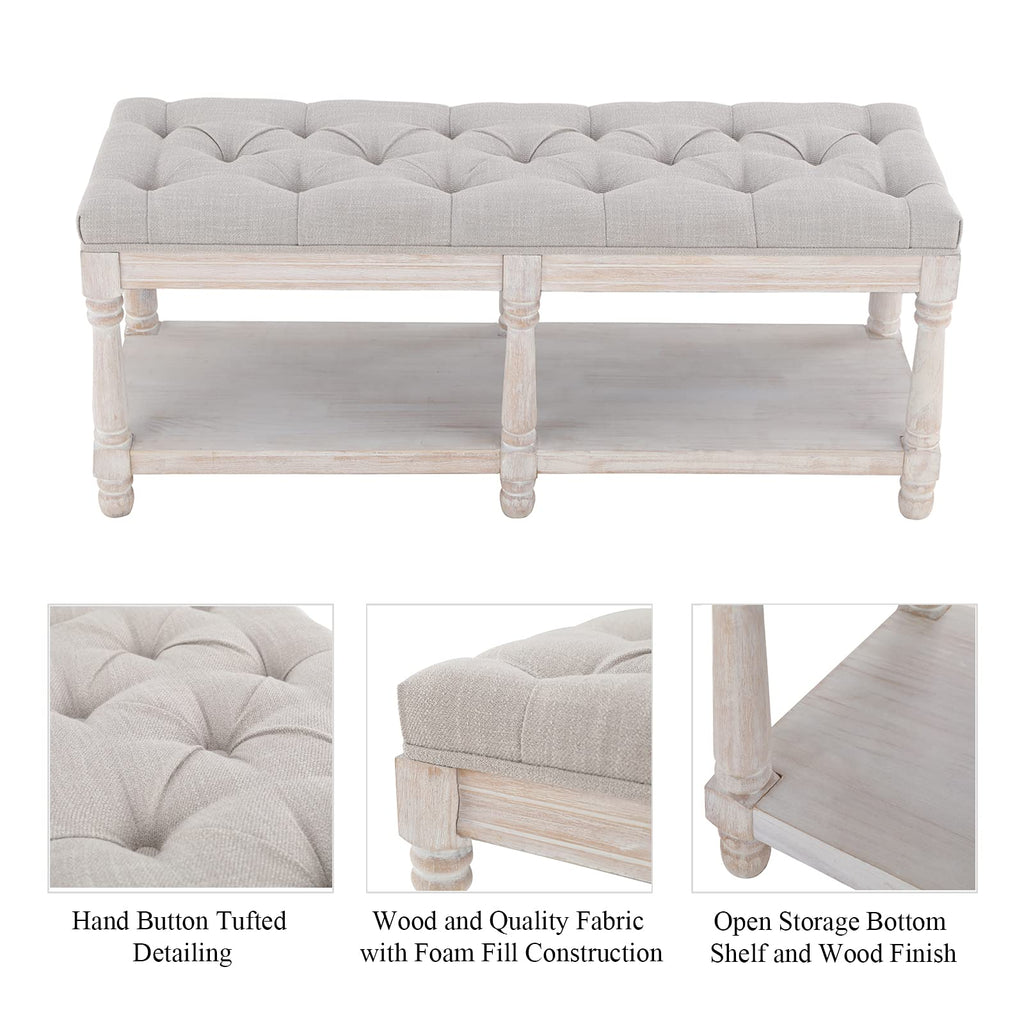 Beige Linen Upholstered Tufted Storage Bench with Shelf W858