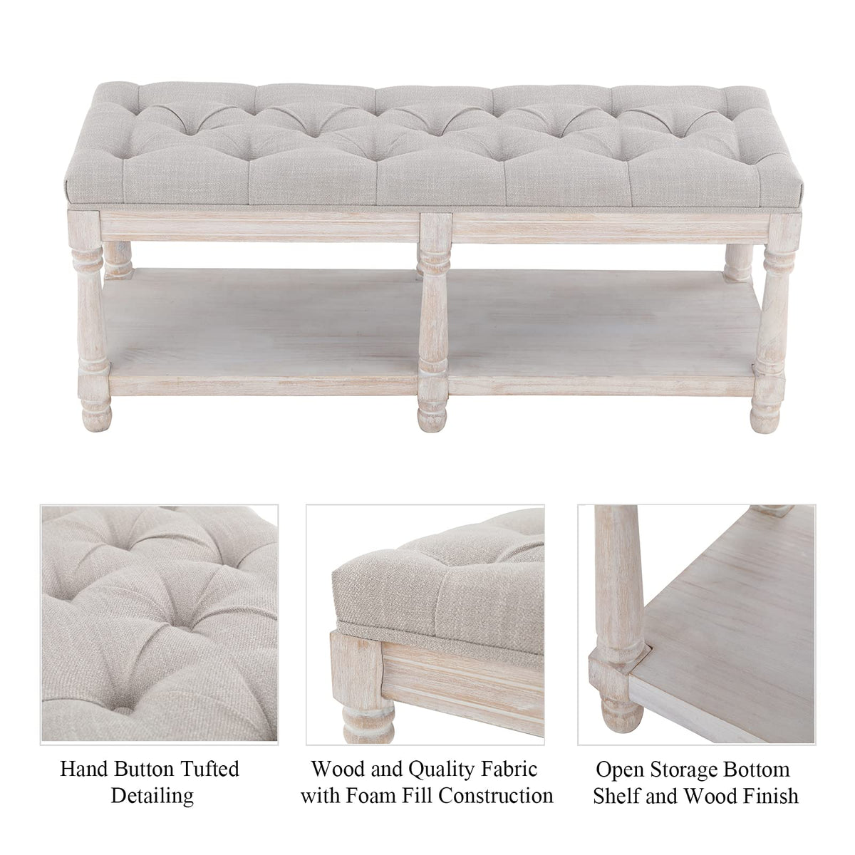 Beige Linen Upholstered Tufted Storage Bench with Shelf W858