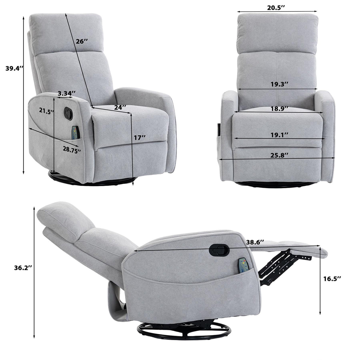 Gray Manual Swivel Glider Recliner with Massage X48365