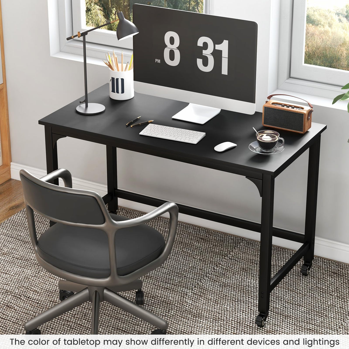 48” Mobile Computer Desk with 4 Lockable Wheels, Black Metal Frame T659771