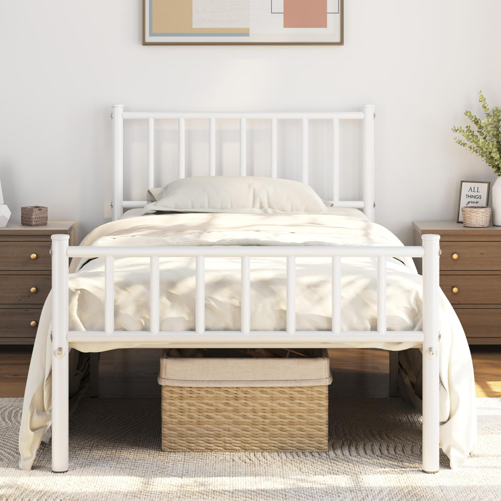 Twin Size White Metal Platform Bed Frame with Spindle Headboard S11607