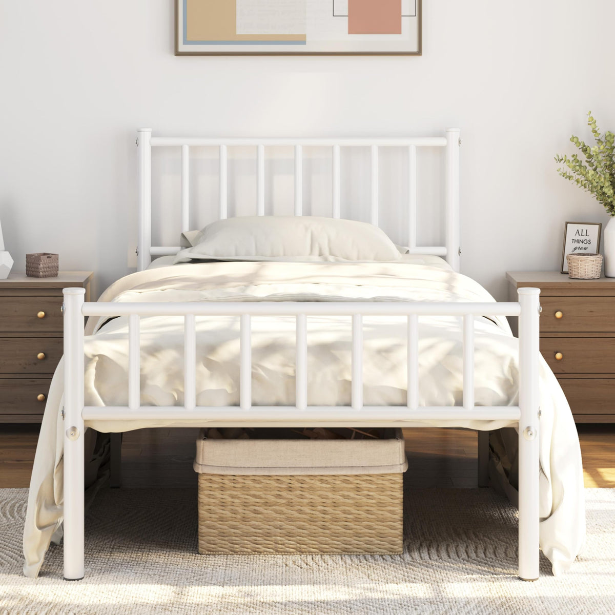 Twin Size White Metal Platform Bed Frame with Spindle Headboard S11607