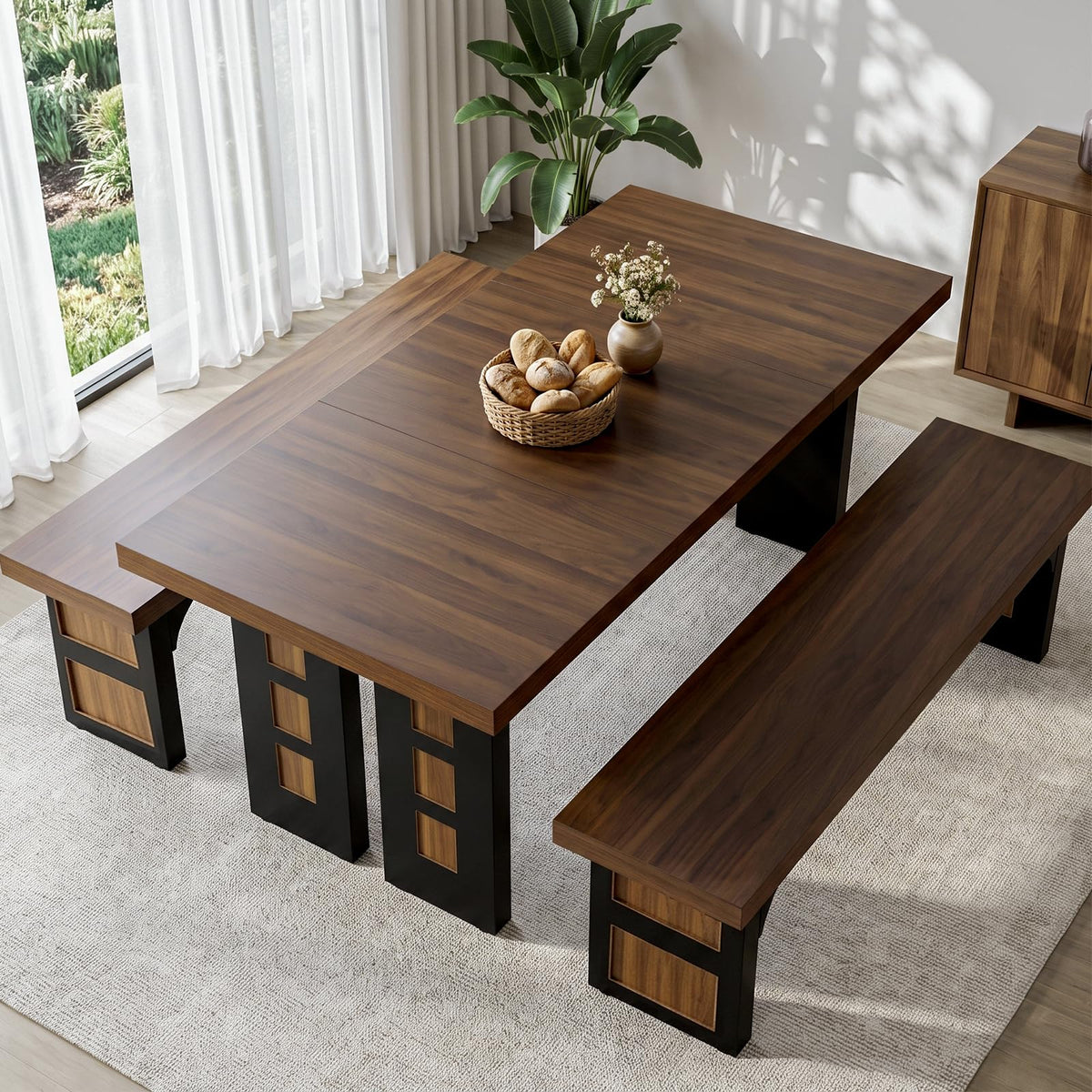 70.9" Wood Dining Table Set with 2 Benches G3214